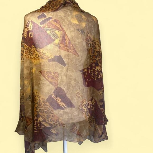 VTG 90s Sz 14 Sheer Earthy Cardigan Shrug Ruffle Trim Cover Up Leopard Print - Picture 4 of 7